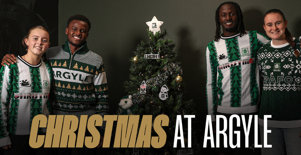 Christmas at Argyle in text with 4 people in Christmas jumpers above it